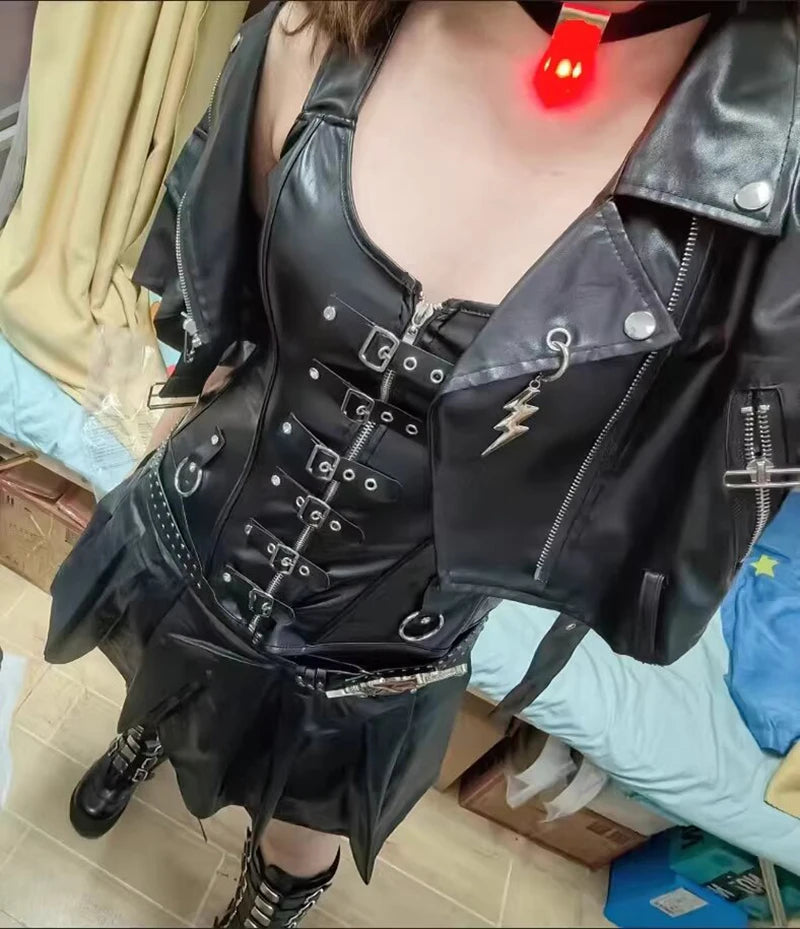 Faux Leather Harness Court Shaper Overbust Corselet Women Sexy Buckled Bustier Waist Trainer Vest Corset Overbust
