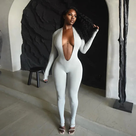 STYLISH LADY Cut Out Jumpsuits 2025 Autumn Women Long Sleeve V Neck Backless Bodycon Sexy Club Party Rompers Jumpsuits
