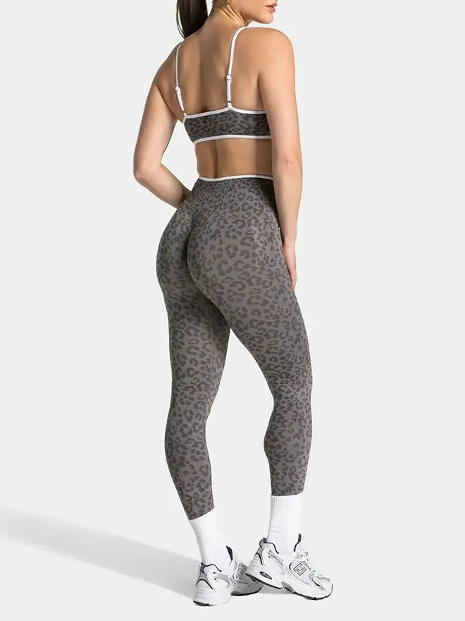 Women's Contrast Color Leopard Print Yoga Pants High Waist Elastic Hip Lifting Quick Dry Breathable Sports Trousers For Gym Runn