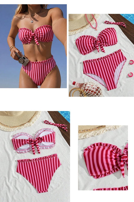 Strapless Bikini Set Women Striped Ruffle Bow Front Padded Top High Waist Briefs Two Piece Swimwear Beach Swimsuit Bikini Set