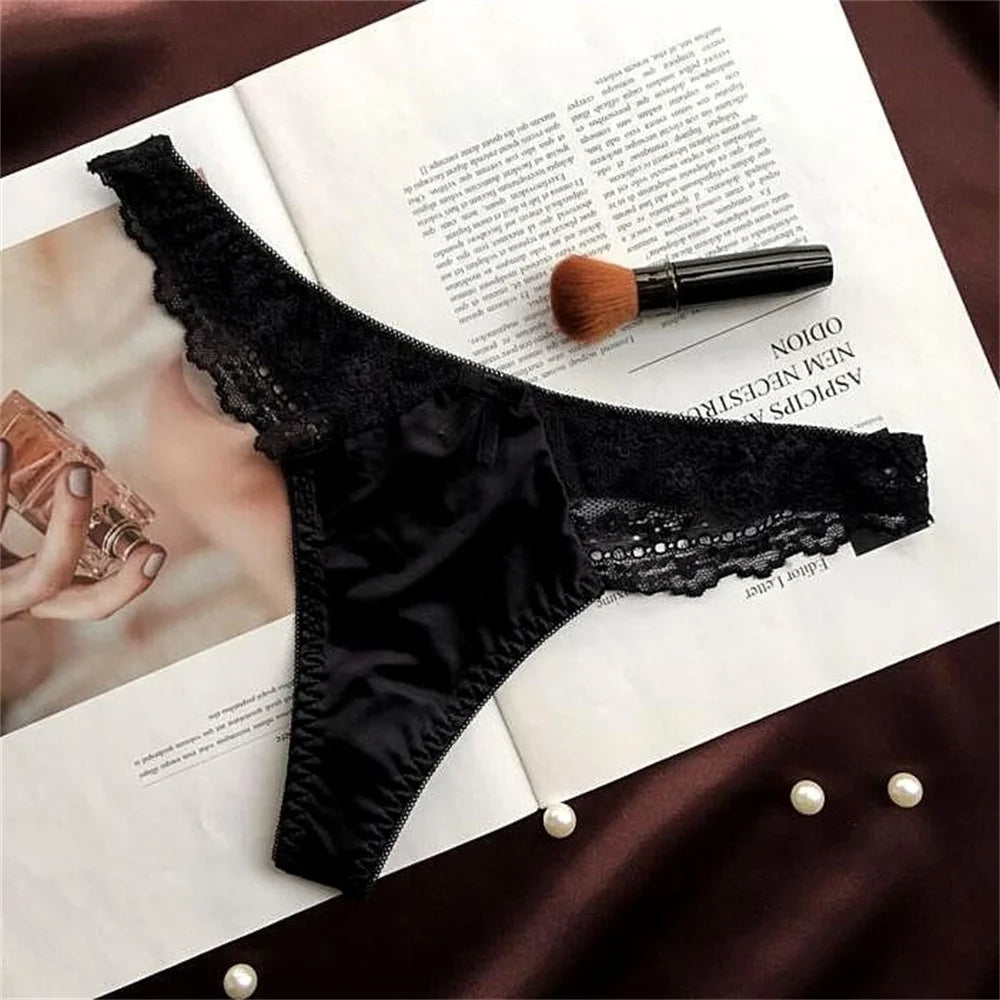 Hollow Lace Sexy Glossy Satin Silk Smooth Thong Women Sexy Low Waist G-string Underwear Bow Seamless Lingerie