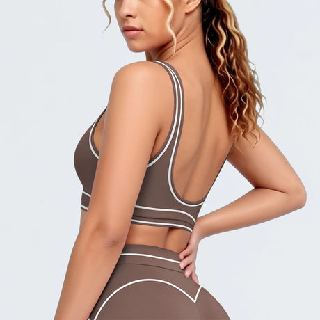 Women's Yoga Bra Vest Fitness Tank Running Workout Gym Top Push Up Padded Soft Slim Contrast Piping Racerback Sports Underwear