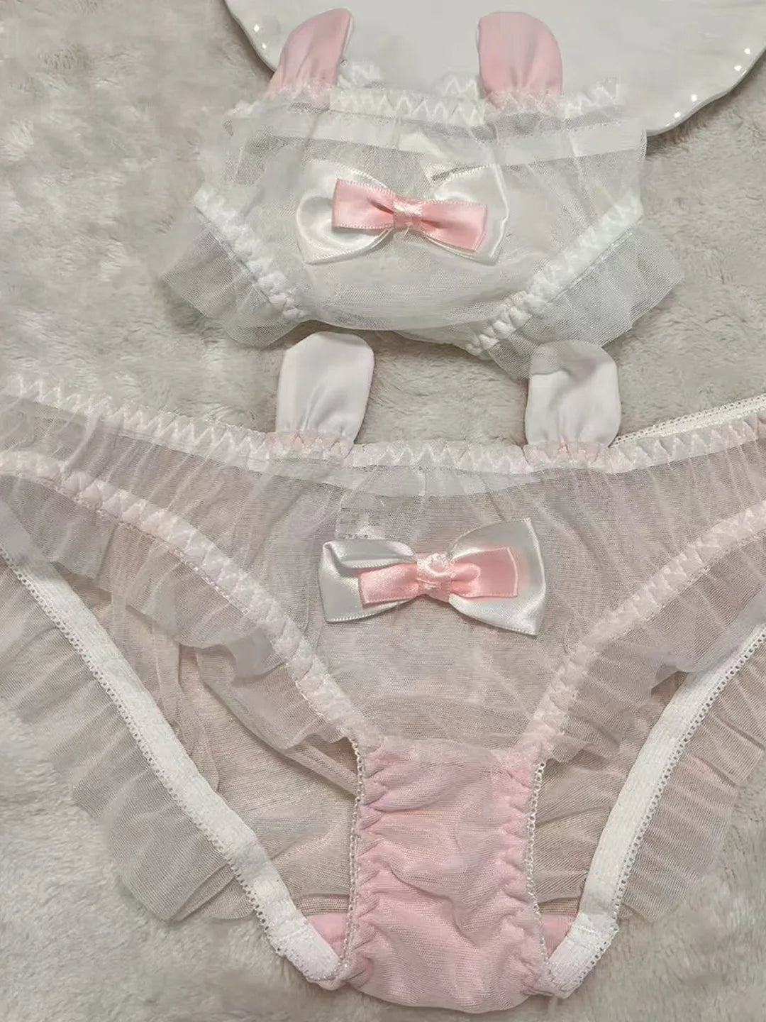Cute  Knot Lace  Pink Rabbit Sexy Pure Desire Net  Panties Low Waist Breathable Quick Dry Comfortable Un...