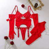 Ellolace Solid Women's Lingerie Sets Seductive See Through Bra Belt Thong 3PC with Gloves Stockings Sissy Sexy Women's Underwear