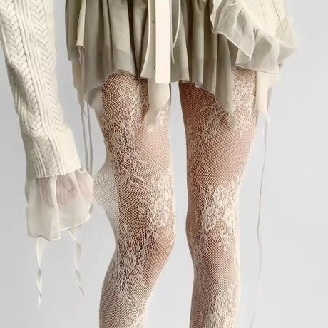 Harajuku Black White Brown Hollowed Out Lace Mesh Pantyhose Floral Rattan Bottomed Stockings Sexy Women Tights Fashion Hosiery