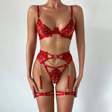 Red Bondage Lingerie Set Women Gold Chain Lace Harness Unlined Underwire Bra Garter Belt Thigh Rings Gothic Punk Exotic Apparel