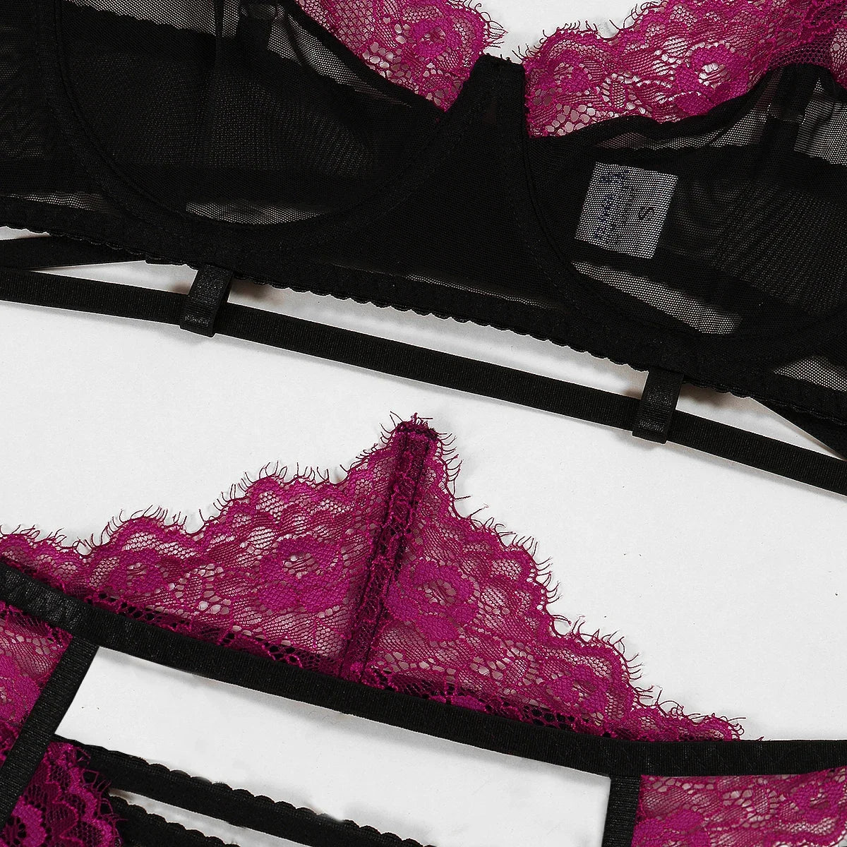 Eyelash Lace 3Pcs Lingerie Set Women Underwire Push Up Sheer Mesh Bra Hollow Strap Garter Belt Thigh Rings Valentine Honeymoon