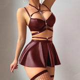 Sexy Metal Chain PU Leather Lingerie Set Women Bra Skirt Garter Belt Crotchles Panties Erotic Role Play Halloween Costume Outfit
