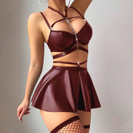 Sexy Metal Chain PU Leather Lingerie Set Women Bra Skirt Garter Belt Crotchles Panties Erotic Role Play Halloween Costume Outfit