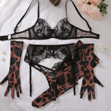 Diccvicc Sensual Lingerie Woman See Through Sexy Lace Bra Garter Belt Leopard Underwear with Stocking Glove Exotic Intimate Wear