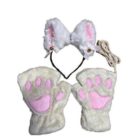 5Pcs Sets Cat Paw Gloves Winter Cute Cartoon Girl Open Finger Gloves Bell Headband Fox Cat Ear Headwear