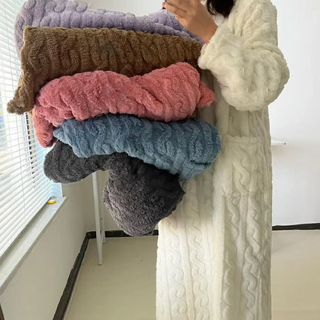 Winter Long Sleeve Double Pocket Flannel Nightgowns Women Loose Solid Sleepwear Jacquard Night Dress Thickened Warm Nightdress