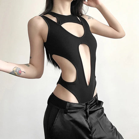 Gothic tops Y2k clothes sexy spicy hollow out bodysuit nigh clubwearr ashion women's patchwork slim fitting jumpsuit top tees
