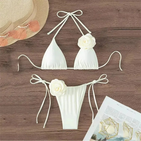 Sexy Flower Bandeau Swimwear Thong Bikini 2026 Women Lace-up Swimsuit Swimming Bathing Suit Brazilian Bikinis Sets Mujer Biquini