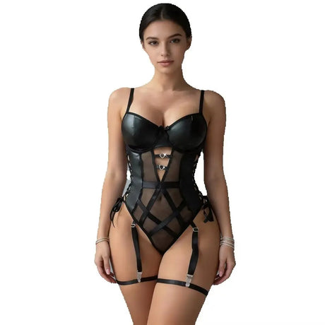 Mesh Bodysuit Glossy Panels Side Lace Up Heart Rings Garter Straps Teddy Lingerie for Layering Club Party Festival Date Night