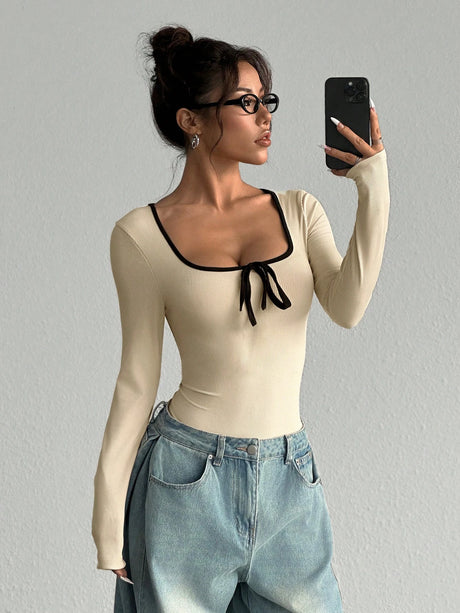 Women Square Neck Contrast Trim Tie Front Ribbed Knit Long Sleeve Bodysuit High Cut Slim Fit Y2K Sexy Casual Basic One Piece Top