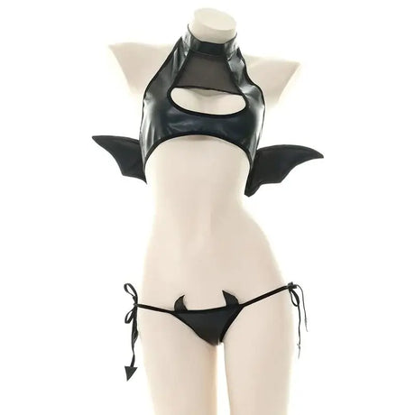 Sexy Patent Leather Little Devil Wings Lingerie SM Open Chest Bra Costume Anime Irina Shidou Black Bodysuit Stocking Tight
