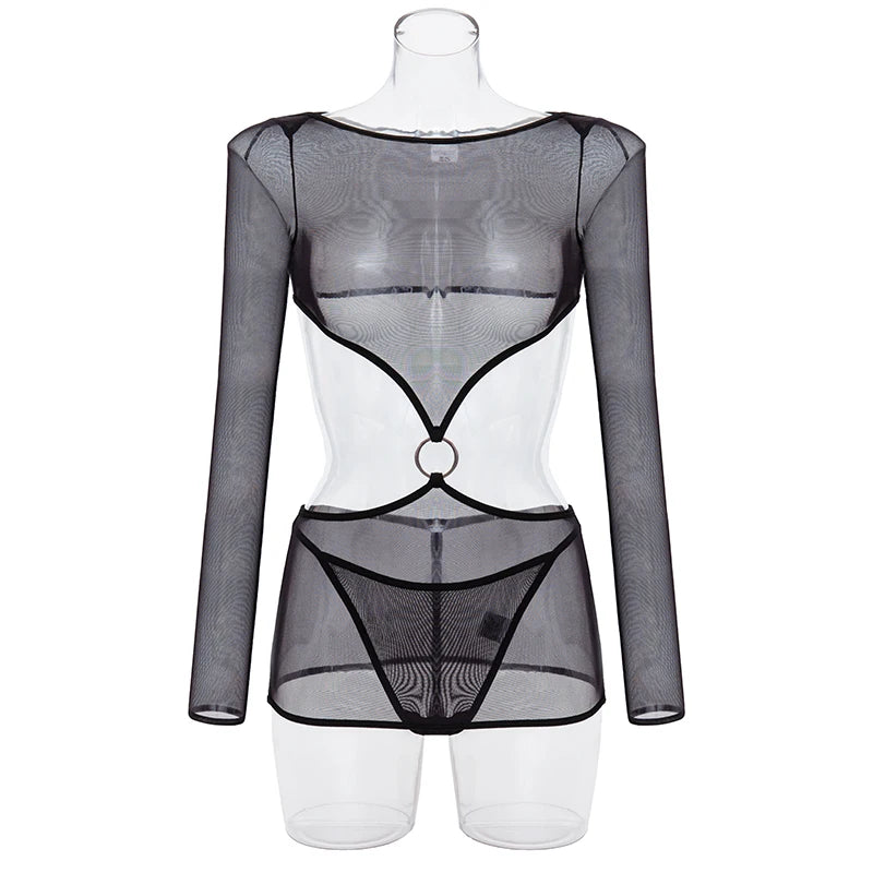 Sexy Lingerie Set Transparent Sheer Mesh Babydoll Erotic Nightwear Women Cutout Waist Lace Underwear Women's Sexy Nightie
