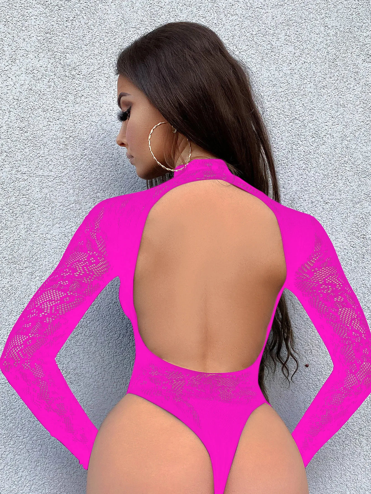 Sexy Lingerie Set Women's Long Sleeve Hollow Mesh Nightgown Garter Belt Backless Transparent Bikini Three-Piece Set