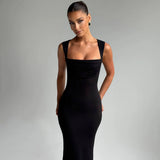 Hugcitar Women Elegant Solid Square Collar Straps Sexy Bodycon Maxi Prom Dress Summer Women Y2K Clothes Evening Party Birthday