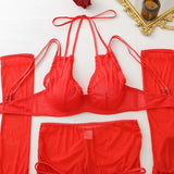 Seductive Red Women's Lingerie Sets Wild Sexy Sheer Mesh Double Strap Halter Bra Panty Mini Skirt Gloves Stocking 5PC Erotic Set