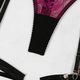 Eyelash Lace 3Pcs Lingerie Set Women Underwire Push Up Sheer Mesh Bra Hollow Strap Garter Belt Thigh Rings Valentine Honeymoon