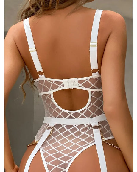 Sexy Women's Lingerie Women's Mesh Suspender Bodysuit Chain Slit Sheer Lace Sexy Suit Maid Erotic Bodywear Sexy Leggings