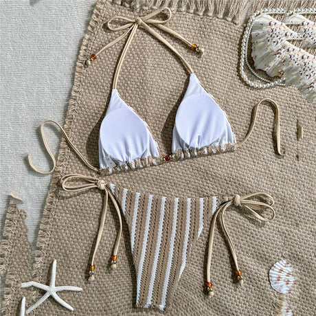 Pink Striped Print Halter String Triangle Bikinis Sets Micro Thong Sexy Swimsuit Women 2026 Ladies Swimwear Bead Bikini Bather