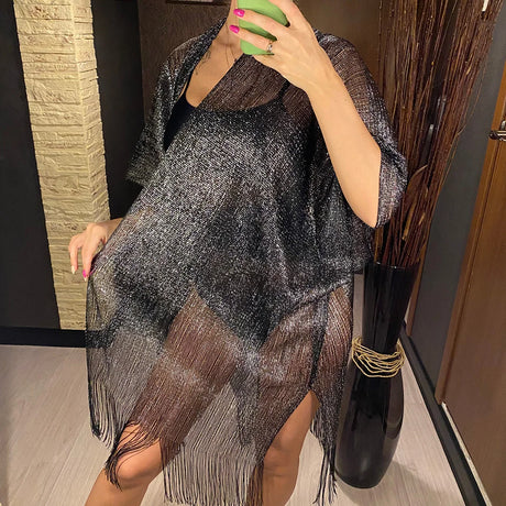 Swimsuit Cover-ups  Fashion Tassel Gold Bikini Beach Cover Up Sexy Beach Dress Tunics for Women Summer Wear See Through