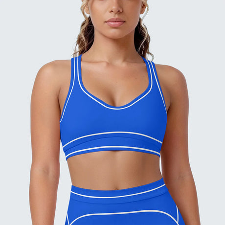 Women's Yoga Bra Vest Fitness Tank Running Workout Gym Top Push Up Padded Soft Slim Contrast Piping Racerback Sports Underwear
