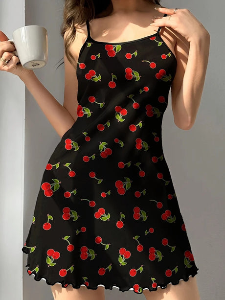 Summer Women Satin Sleepdress Cute Teddy Bear Butterfly Heart Floral Pinting Sleepwear Ladies Sexy Sling Ruffled Hem Loungewear