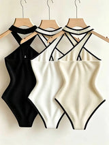 3Pcs Ladies Rib Knit Long Sleeve Bodysuit Round Neck Raglan Sleeve Slim Stretchy Basic Layering Body Tops