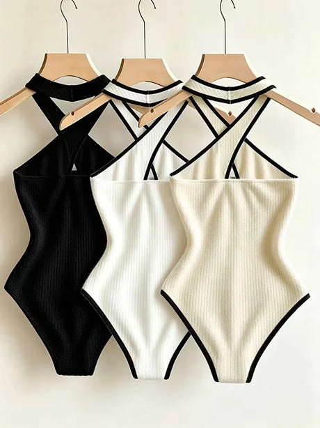 3Pcs Ladies Rib Knit Long Sleeve Bodysuit Round Neck Raglan Sleeve Slim Stretchy Basic Layering Body Tops