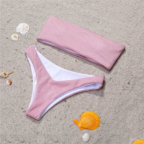 Shiny Bikini Bandeau Swimsuit Tinsel Swimwear Y2K Trend Women Strapless Micro Bathing Suit Brazilian Beach Outfit Bikinis Tangas