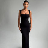 Hugcitar Women Elegant Solid Square Collar Straps Sexy Bodycon Maxi Prom Dress Summer Women Y2K Clothes Evening Party Birthday