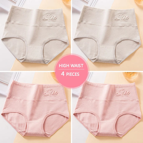 Plus Size M-5XL 4Pcs/Set High Waist Cotton Panties Women Body Shaper Underwear Soft Print Girls Briefs Slimming Female Lingerie