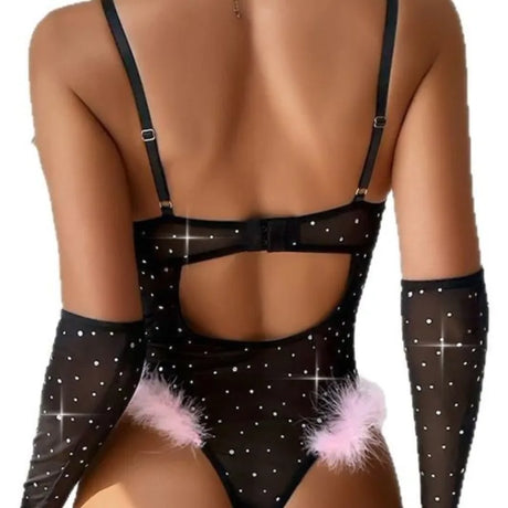 Women's Lingerie Bodysuit Rhinestone Mesh Feather Trim Sheer Teddy With Gloves Set  Sleepwear Nightwear Party Clubwear Outfit