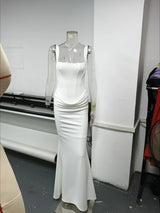 Suninheart White Women's Maxi Dress Elegat Lace Up Dress Slim Formal Wedding Guest Party Dress