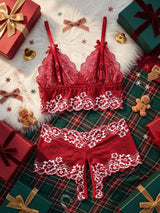 Women Sexy Christmas Lace Lingerie Set Contrast Color Hollow Deep V Bra Bowknot Easy Access Sheer Mesh Two Piece Night Outfit