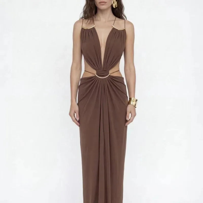 Halter Maxi Dress Women Summer Sleeveless Backless Cut Out Waist Sexy Black Long Dress Elegant Party Clubwear Vestidos Female