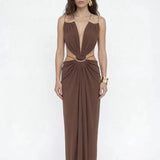 Halter Maxi Dress Women Summer Sleeveless Backless Cut Out Waist Sexy Black Long Dress Elegant Party Clubwear Vestidos Female