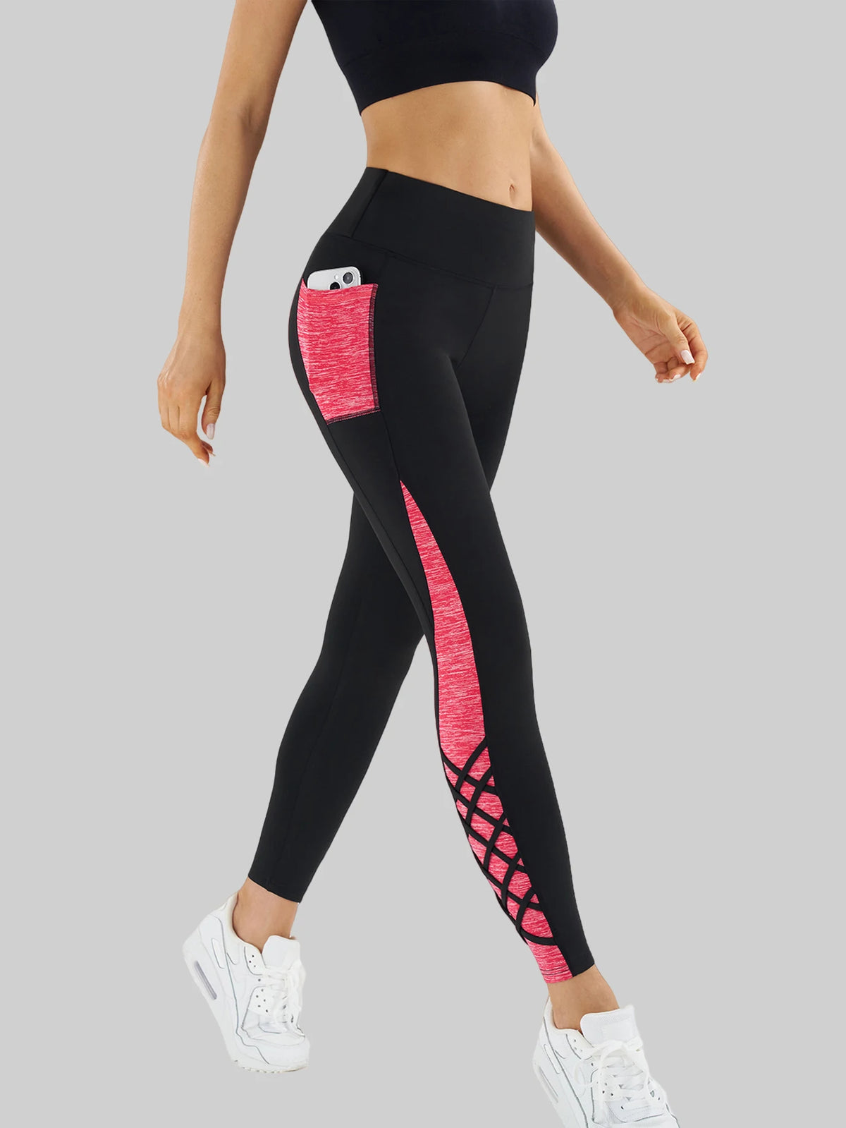 Contrast Geometric Print Pocket Yoga Leggings for Women, High Waist Compression Workout Gym Fitness Trousers