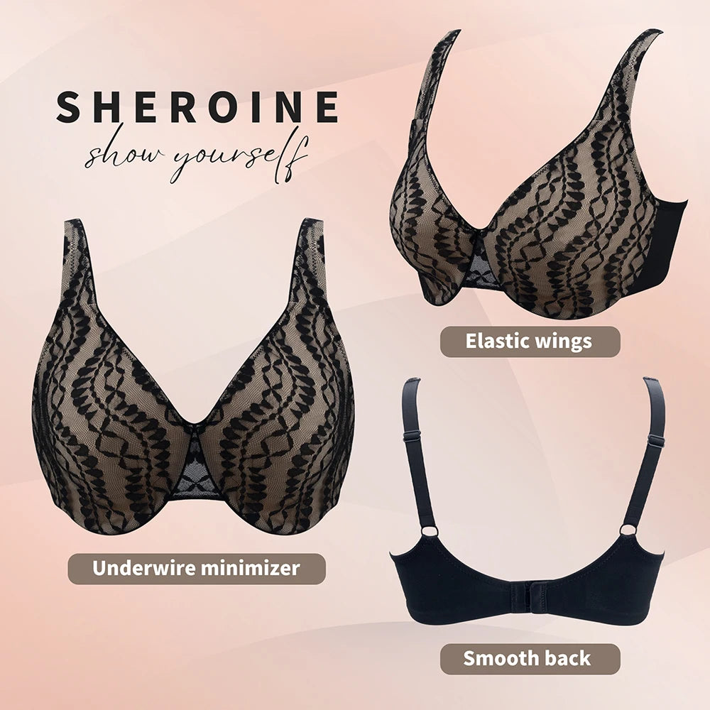 Sheroine Sexy Plus Size Minimizer Bra, Lace Underwire Non-Padded Lingerie for Women Lifting Support Comfort
