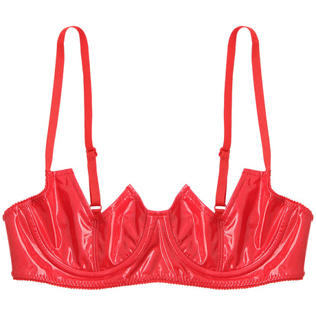 Women Sexy Exposed Nipple Bras Wet Look Patent Leather Underwired Brassiere Top Lingerie for Nightclub Pole Dacing Nightwear