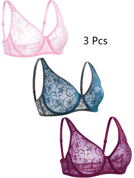 3 Pcs Women's Lace Bra Set Underwire Hollow out Embroidery Sexy plus Size Lingerie Tops Brassiere Underwear B C D E Cup