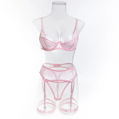 InstaBay Delicate Lace Lingerie 4 Pcs Sets Woman Mesh Patchwork See Through Bras And Thongs Garter Suits Erotic Intimate Outfit