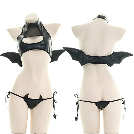 Sexy Patent Leather Little Devil Wings Lingerie SM Open Chest Bra Costume Anime Irina Shidou Black Bodysuit Stocking Tight