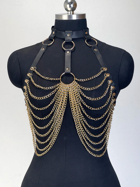 Women Gothic PU Leather Chest Harness Belt with Chain Bra Strap Adjustable Punk Y2K Body Harness Festival Layering Accessory