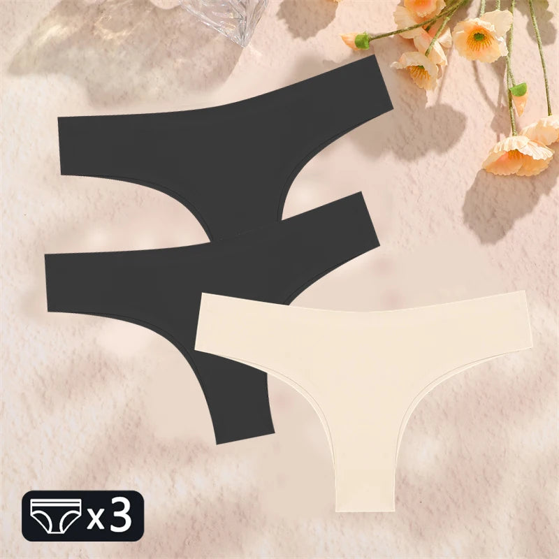 FINETOO 3PC Women Seamless Panties Sexy Brazilian Thong Female Low Waist Solid Color Briefs Comfortable Invisible G-string Panty