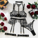 Red Lace Lingerie Set Women Half Cup Push Up Bra Thong Garter Belt Sexy Erotic Underwear Romantic Nightwear Valentine Gift